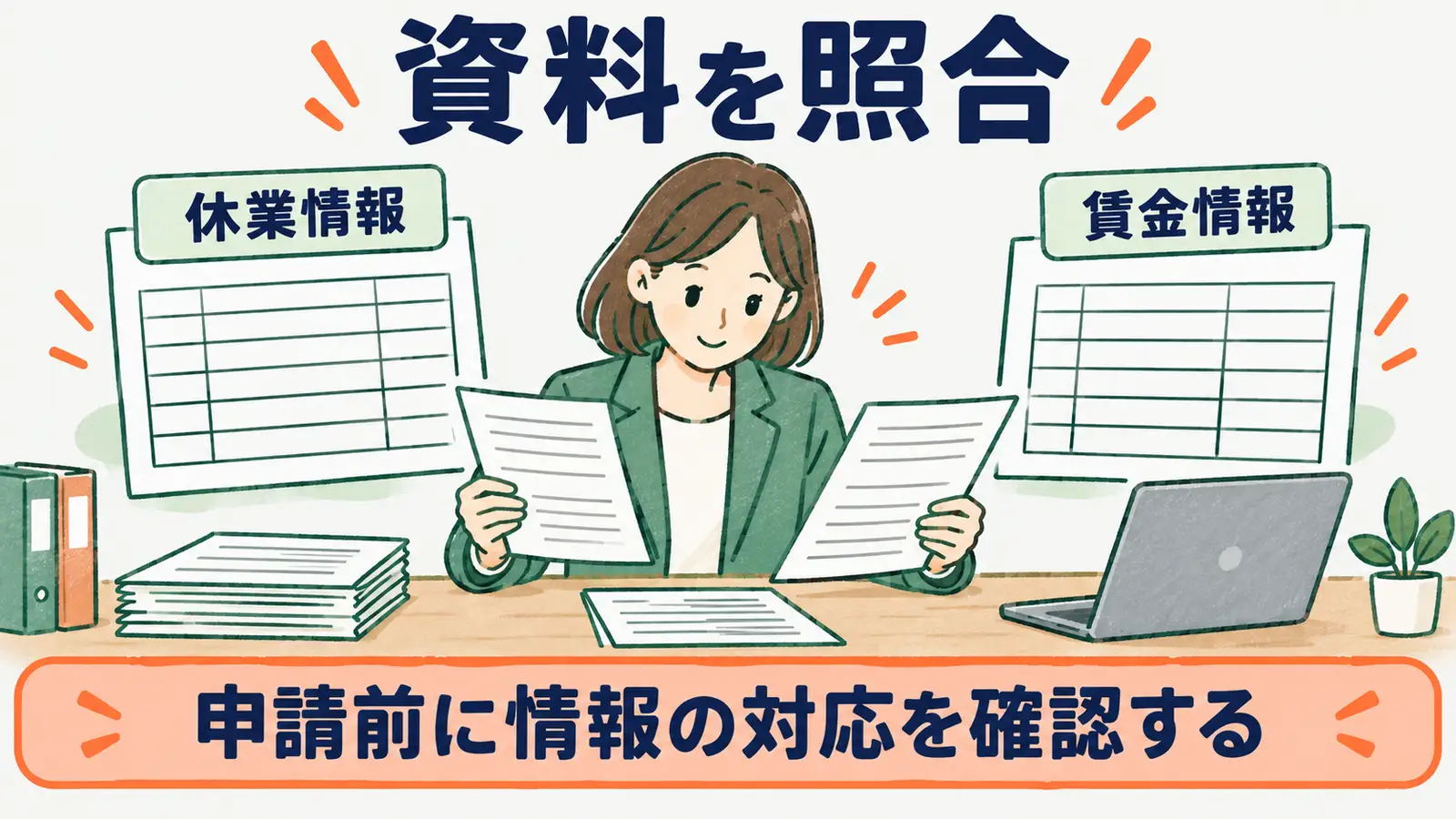 出生時育児休業の休業情報と賃金情報を届書に照合する図