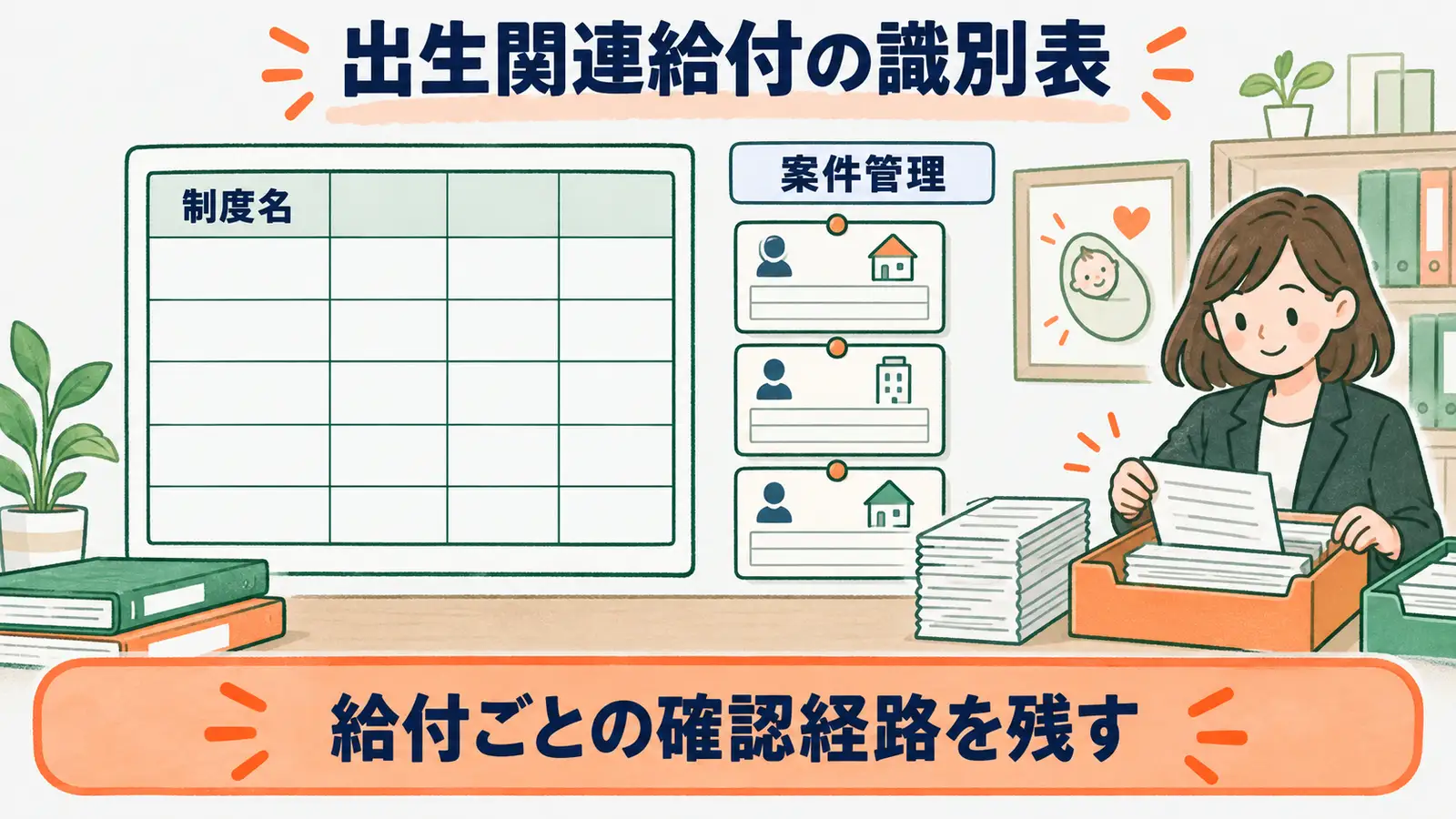 顧問先別の出生関連給付識別表で給付名と資料を分ける図