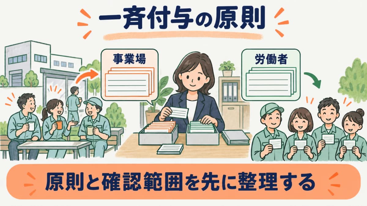休憩の一斉付与の原則と適用除外の確認範囲を整理する図
