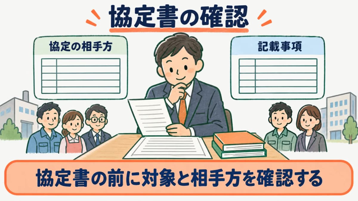 一斉休憩の適用除外協定で相手方と記載事項を確認する図