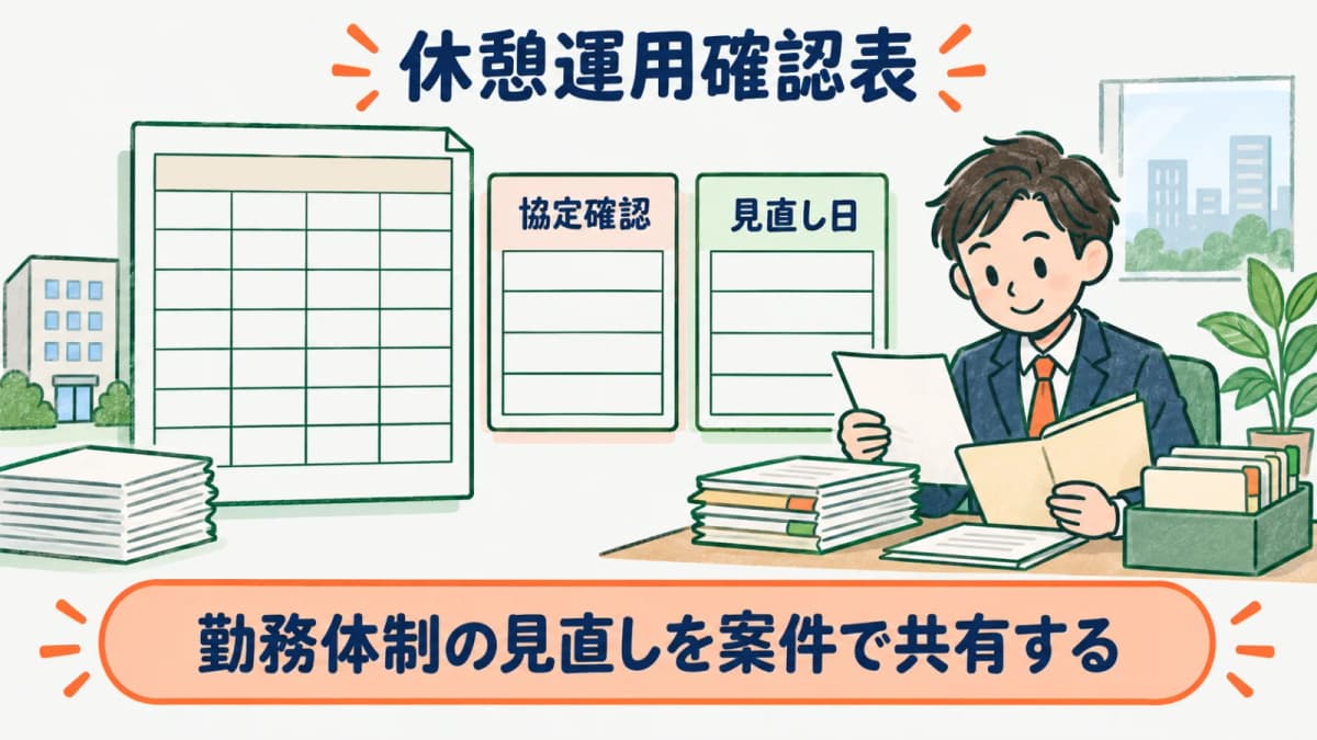 休憩運用確認表で事業場と勤務体制と協定確認を管理する図