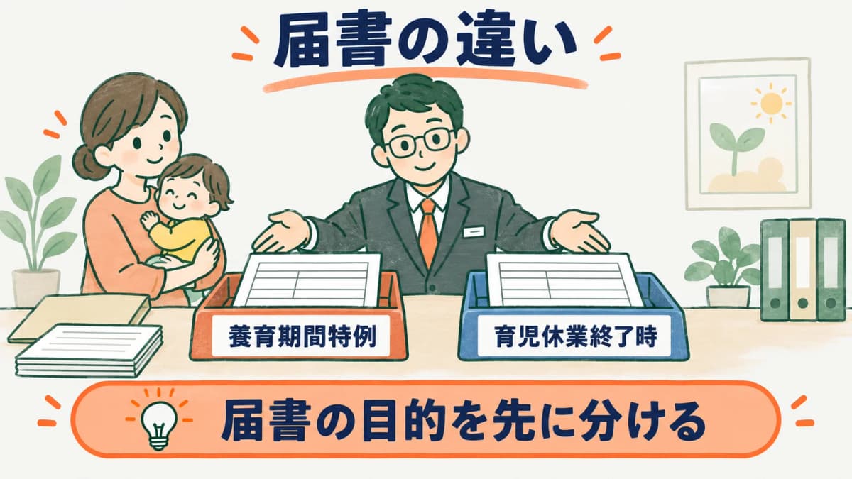 養育期間標準報酬月額特例申出書と育児休業終了時の届書を分ける図