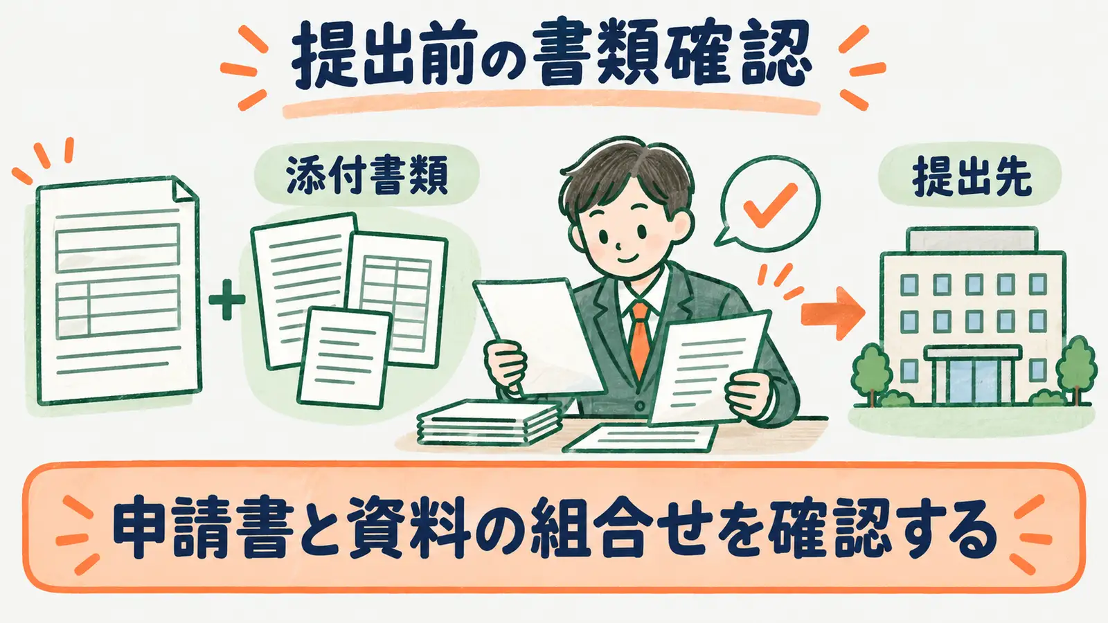 育児休業給付の延長申請で提出前に書類と届書を照合する図