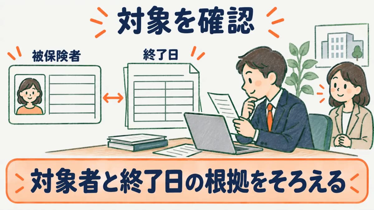 育児休業等終了時報酬月額変更届で対象者と終了日を確認する図