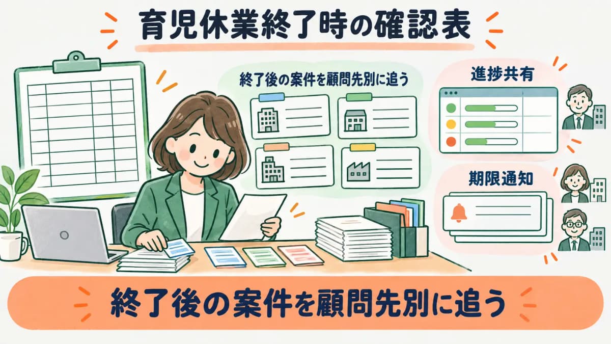 顧問先別の育児休業終了時確認表で資料と提出状態を管理する図