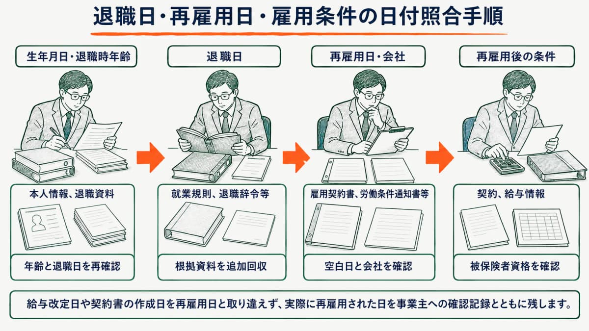 退職日・再雇用日・雇用条件の日付照合手順