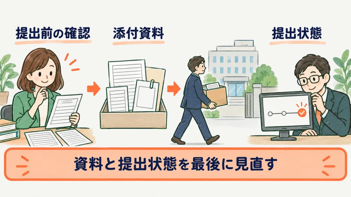 事業主事業所各種変更届の提出前に資料と提出状態を確認する図