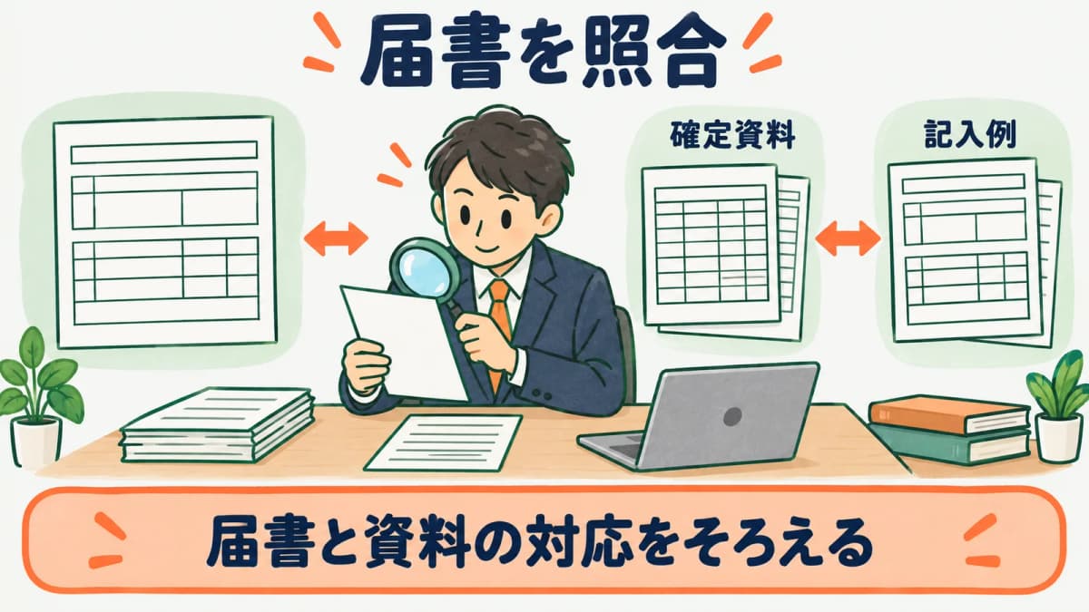 被保険者転勤届の項目を確定資料と照合する図