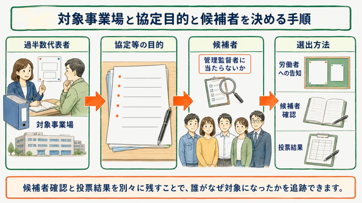 対象事業場と協定目的と候補者を決める手順