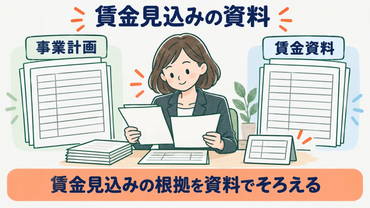 成立時の概算保険料申告で賃金見込みに使う資料をそろえる図