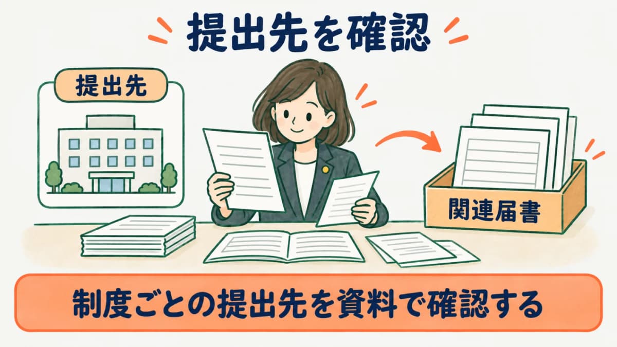 労働保険の名称所在地等変更届で提出先と関連届書を確認する図