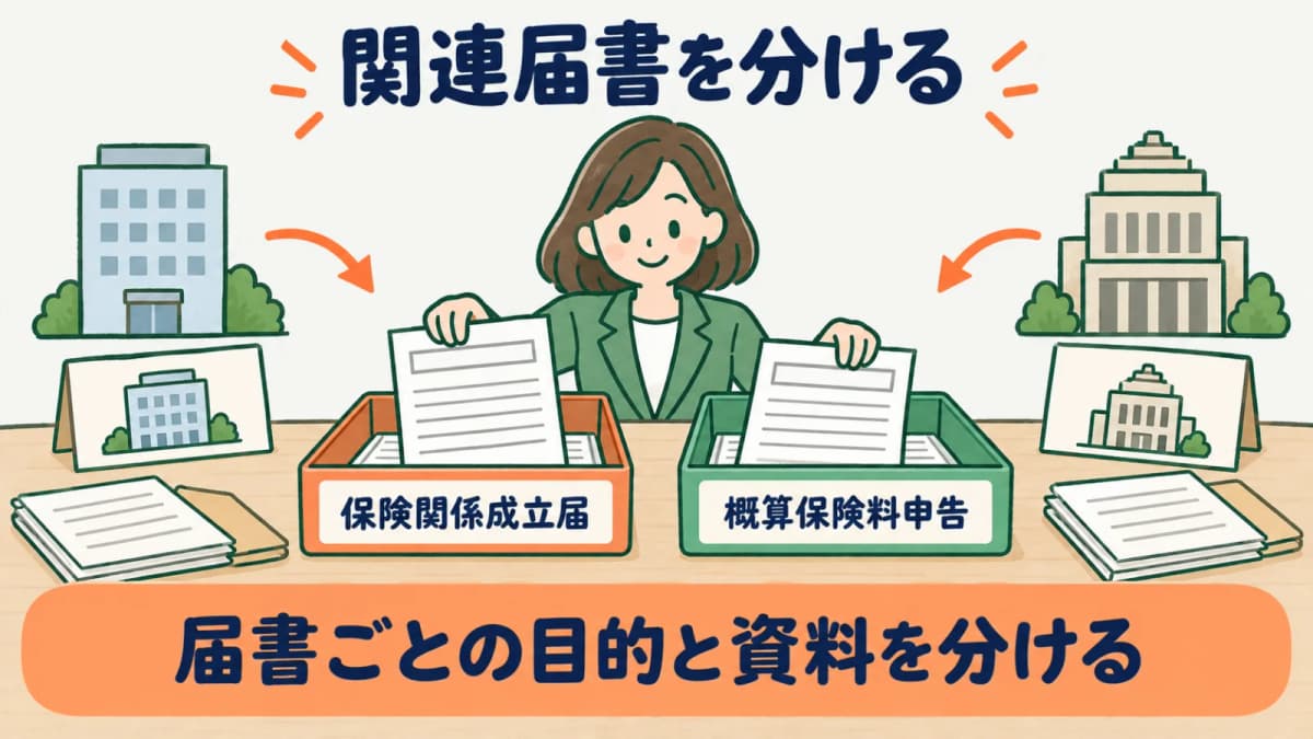 保険関係成立届と関連する届書を分けて確認する図