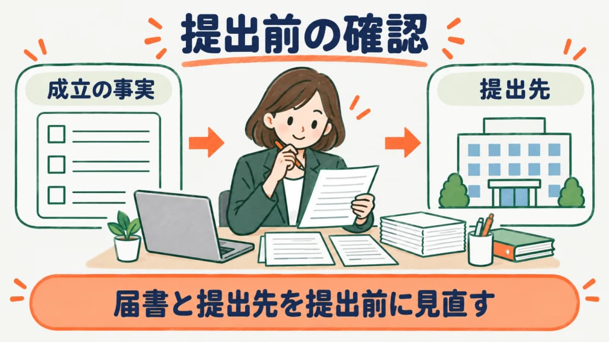 労働保険の保険関係成立届の提出前に届書と提出先を確認する図