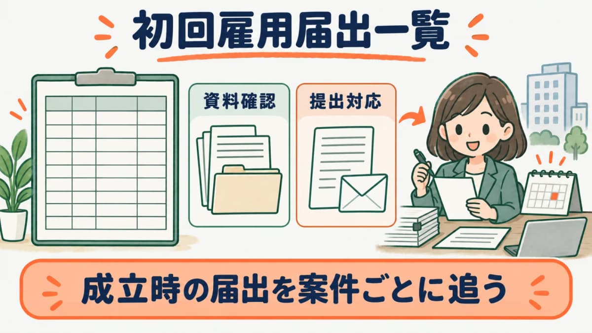 初回雇用届出一覧で成立事実と提出先と完了状態を管理する図