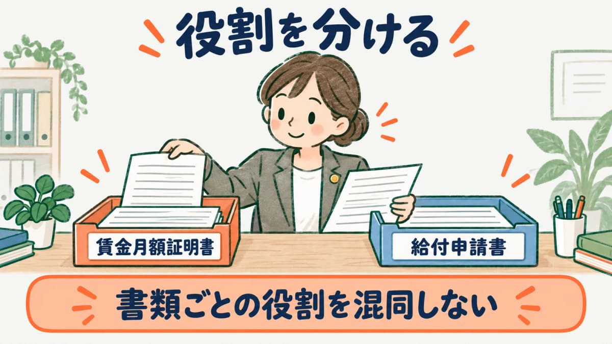 休業開始時賃金月額証明書と給付申請書の役割を分ける図