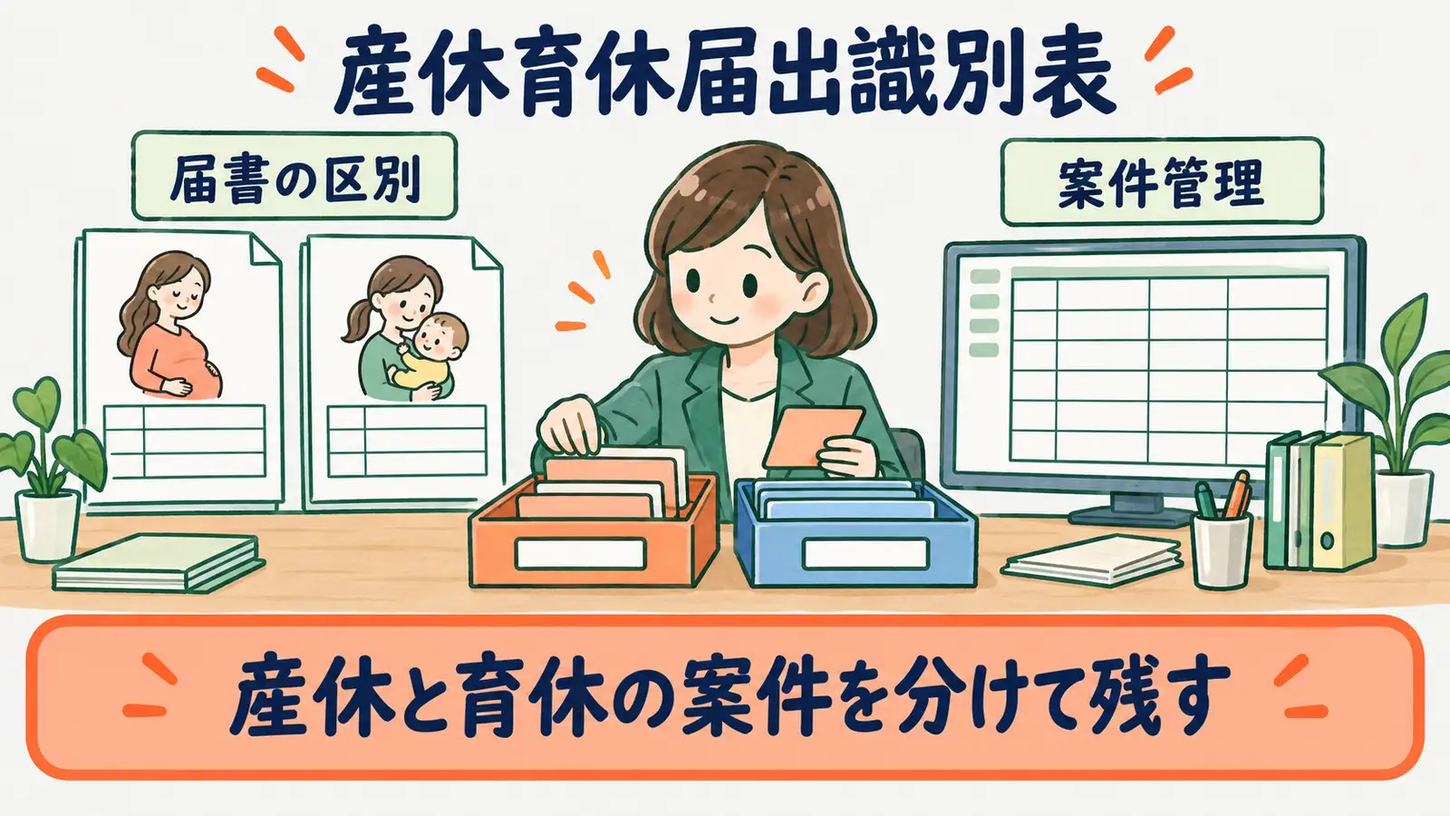 顧問先別の産休育休届出識別表で休業種別と資料を分ける図