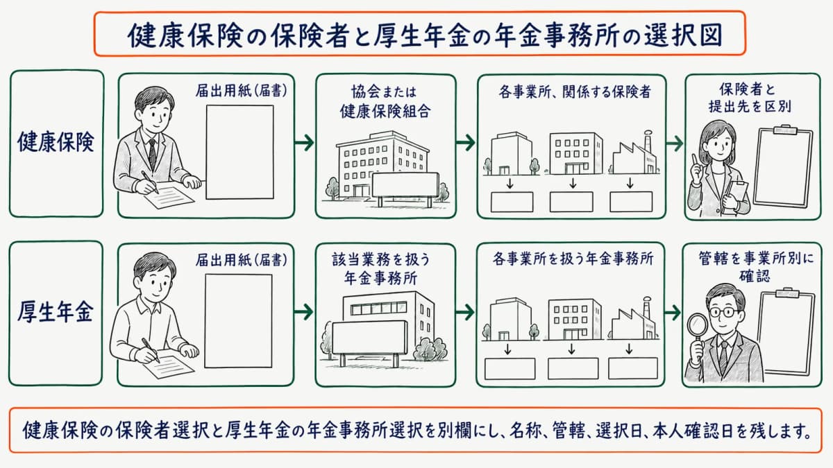 健康保険の保険者と厚生年金の年金事務所の選択図