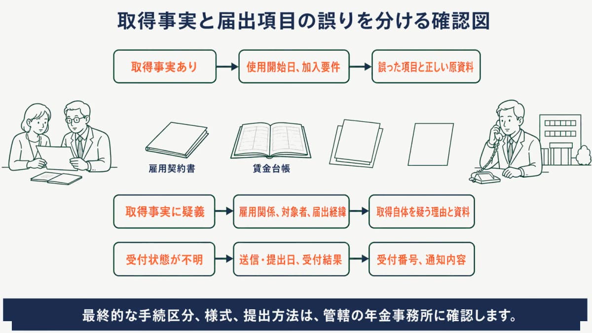 取得事実と届出項目の誤りを分ける確認図