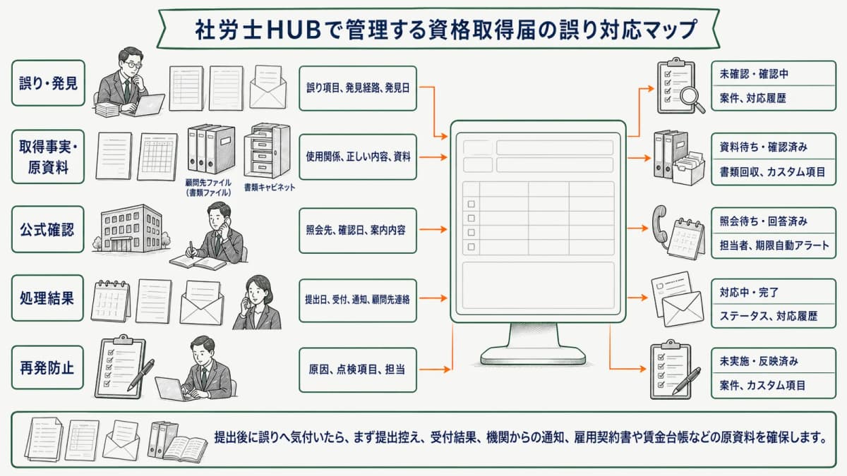 社労士HUBで管理する資格取得届の誤り対応マップ