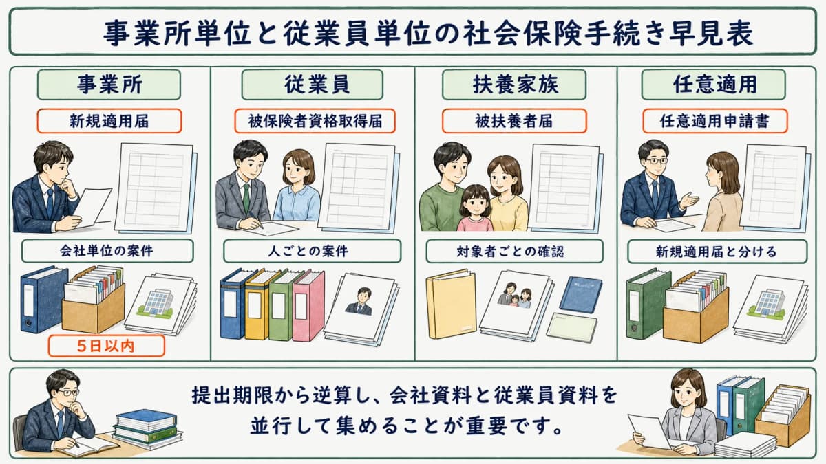 事業所単位と従業員単位の社会保険手続き早見表