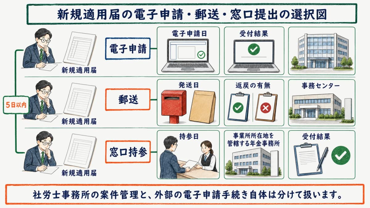 新規適用届の電子申請・郵送・窓口提出の選択図