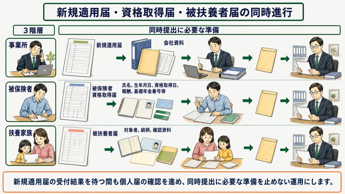 新規適用届・資格取得届・被扶養者届の同時進行