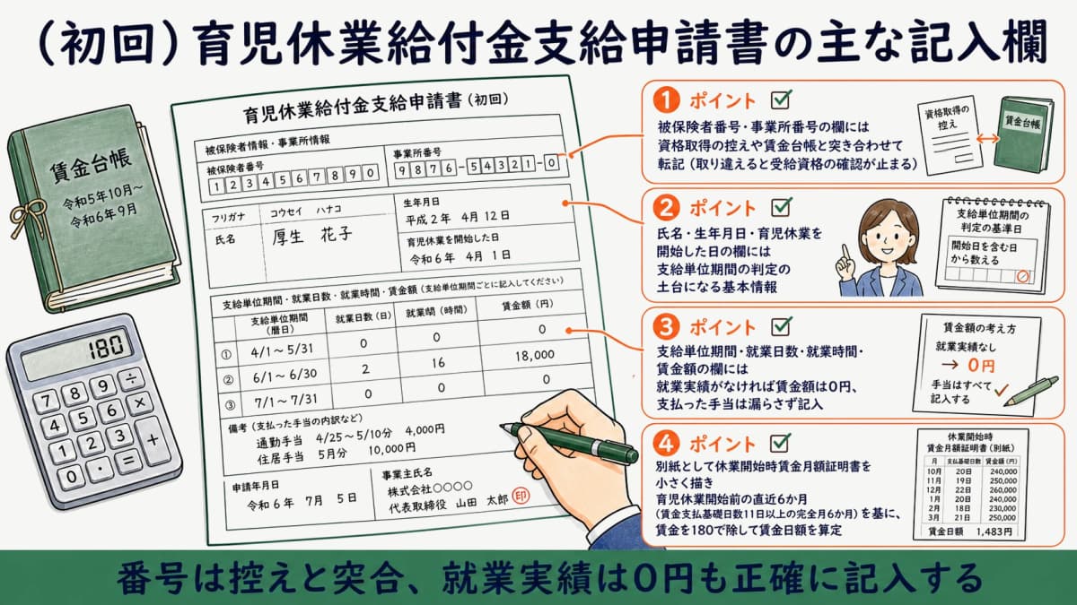 育児休業給付金支給申請書(初回)の主な記入欄と記入ポイント