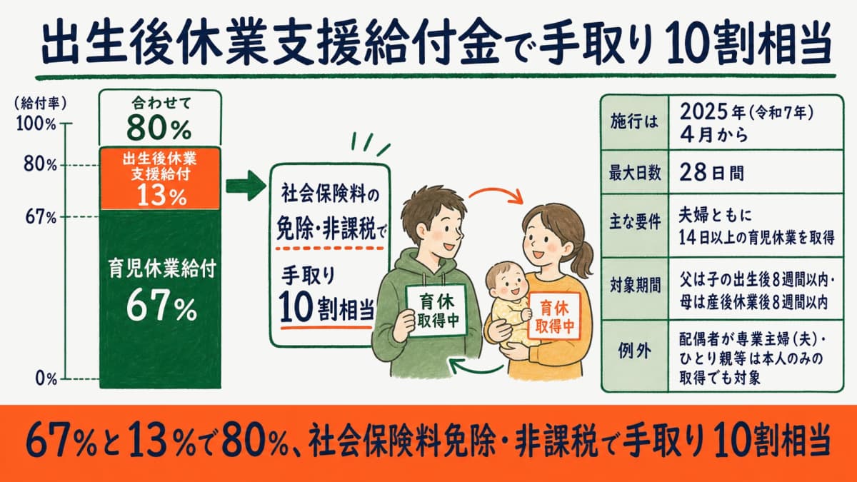 出生後休業支援給付金の給付率13%と手取り10割相当の仕組み