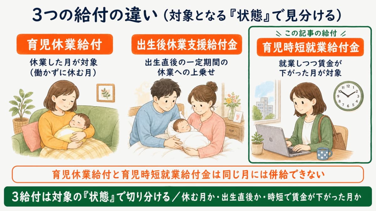 育児休業給付・出生後休業支援給付金・育児時短就業給付金の違いの比較図