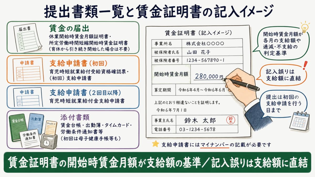 育児時短就業給付金の提出書類と賃金証明書の記入イメージ