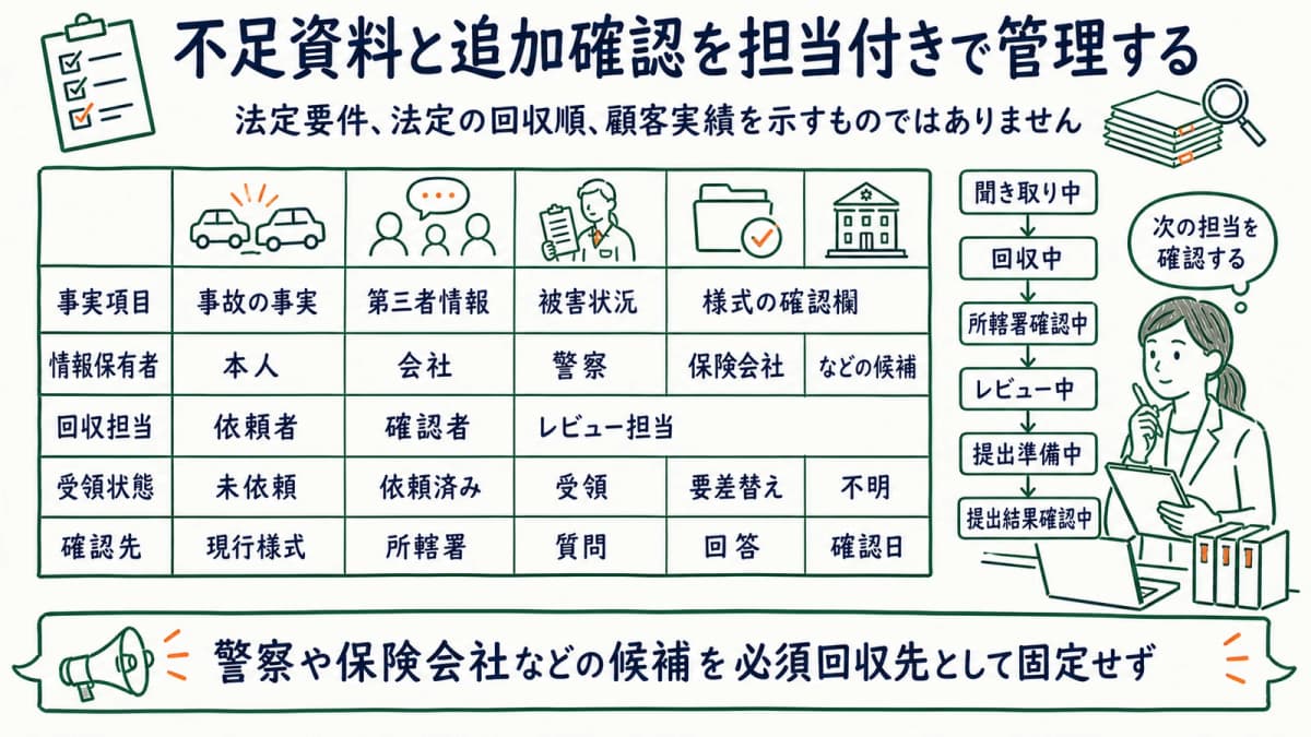 事実項目から確認先までの独自5軸で回収状況を管理する図