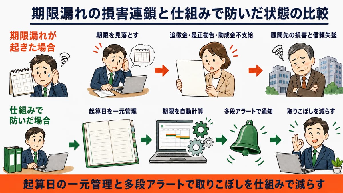 期限漏れの損害連鎖と仕組みで防いだ状態の比較