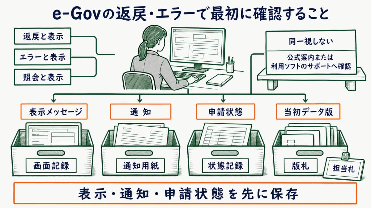 返戻・エラー・照会の表示と通知と申請状態を保存して確認先を決める図