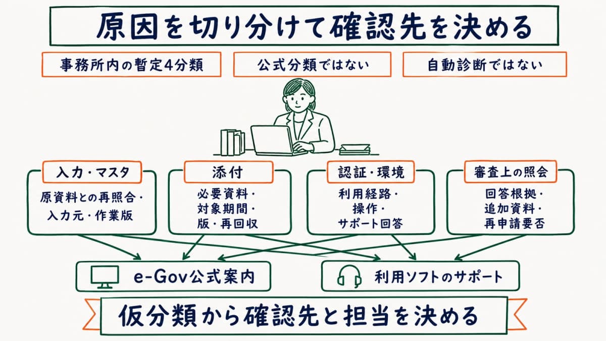 入力・添付・認証・審査上の照会という暫定分類から確認先を決める図