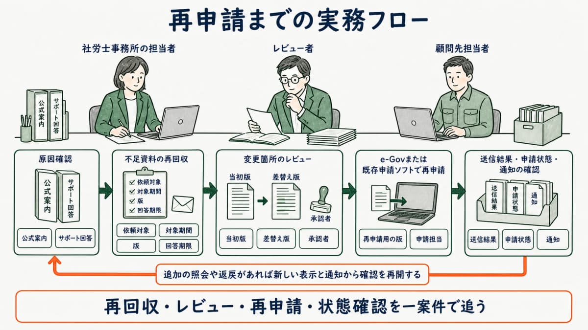 不足資料の再回収からレビュー・再申請・状態確認までをつなぐ図