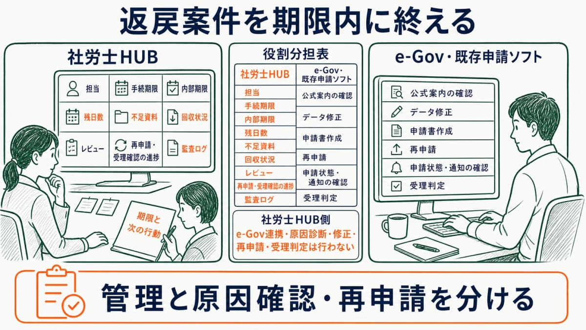 返戻案件の担当・手続期限・内部期限・残日数・回収状況を共有する図