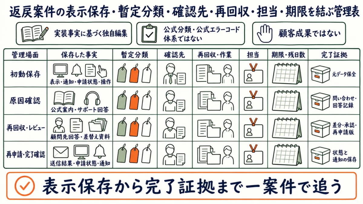 返戻案件の表示保存・暫定分類・確認先・再回収・担当・期限を結ぶ管理表