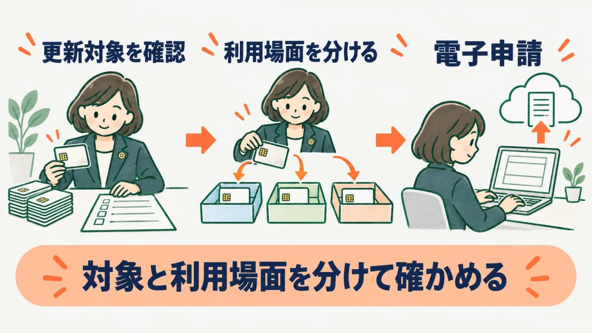 更新対象の電子証明書と利用する電子申請を分けて確認する図