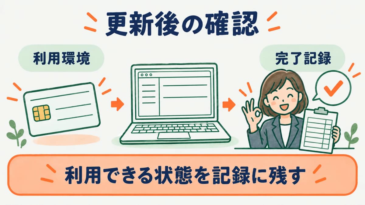 更新後の電子証明書を利用環境で確認し完了記録を残す図
