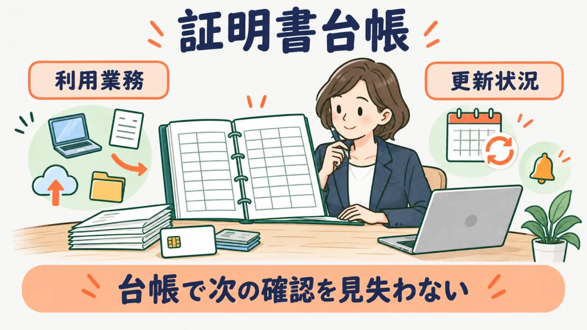 証明書台帳に利用業務と担当と更新状況を残す図