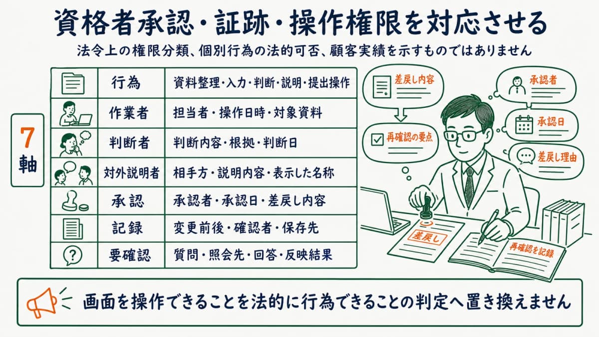 行為から要確認までを独自7軸で整理する図