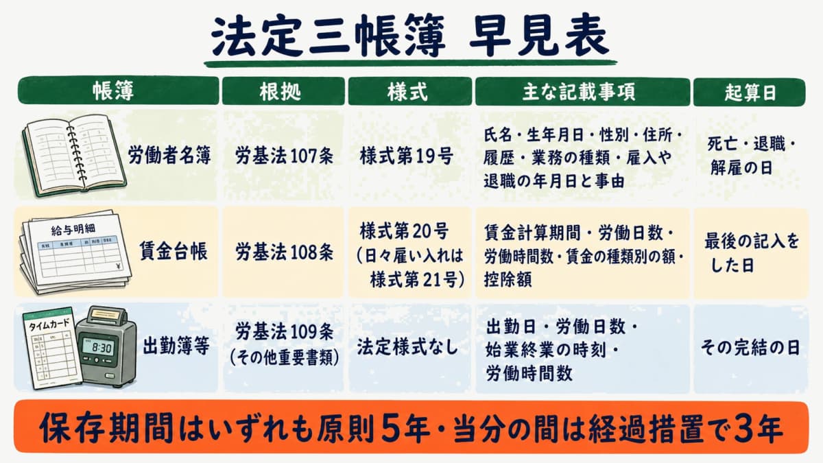 法定三帳簿の様式・記載事項・保存期間 早見表