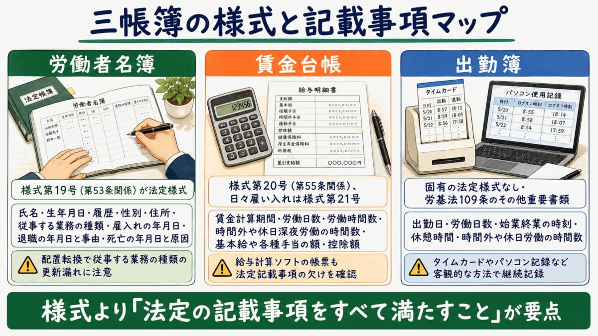 労働者名簿・賃金台帳・出勤簿の様式と記載事項マップ