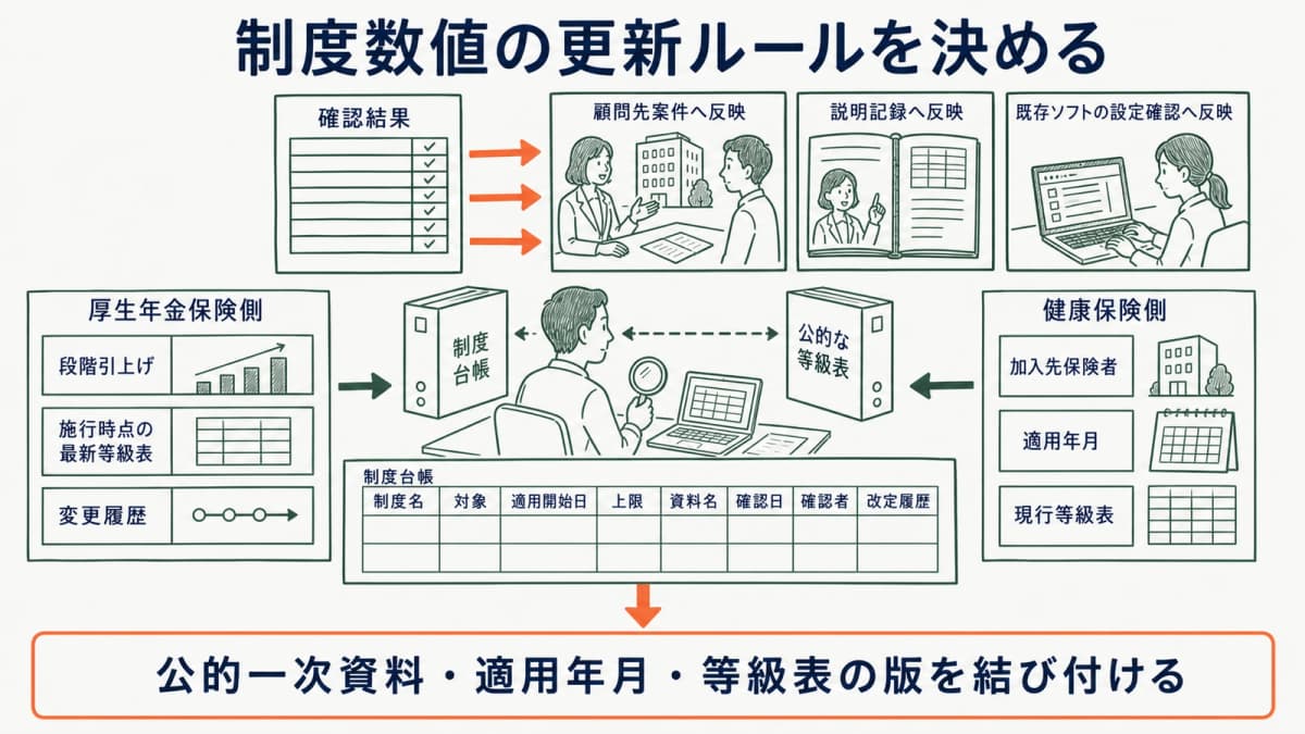 公的一次資料・適用年月・等級表の版を結び付ける更新ルール図