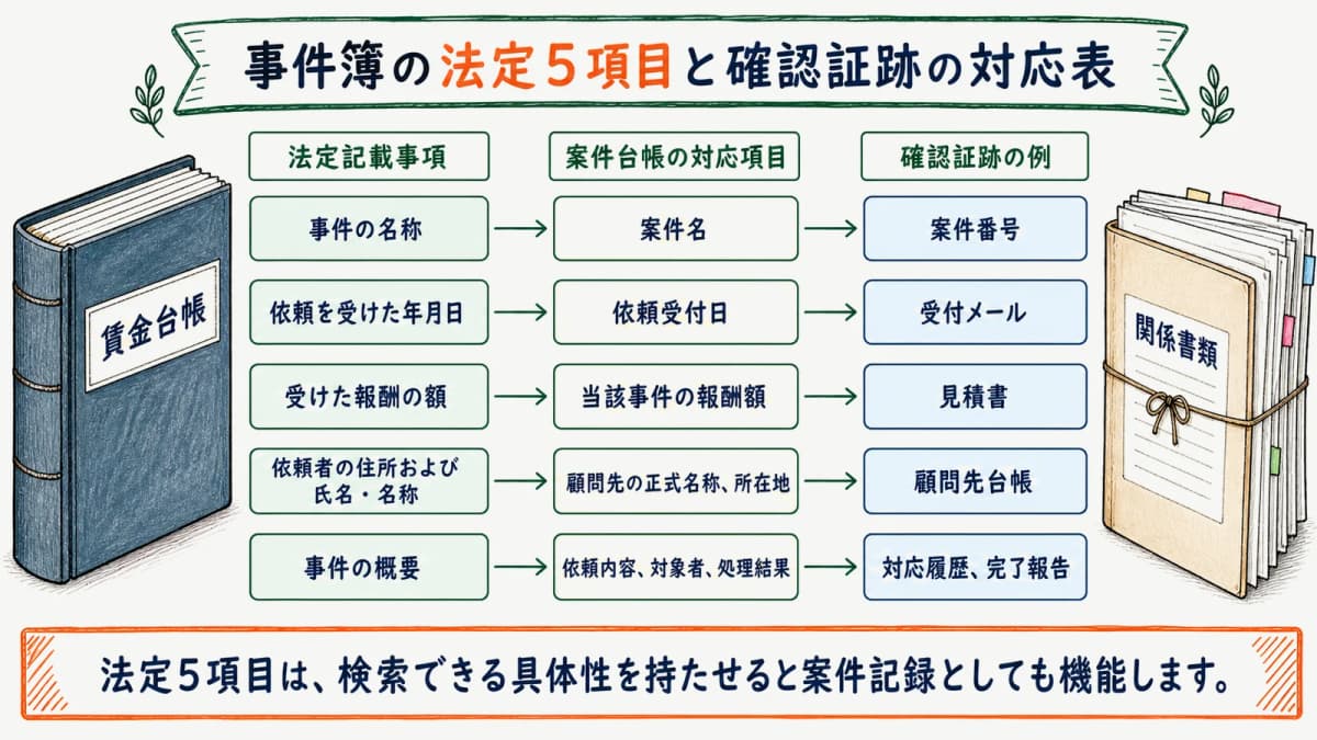 事件簿の法定5項目と確認証跡の対応表