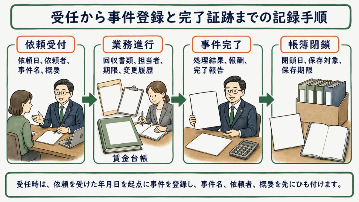 受任から事件登録と完了証跡までの記録手順