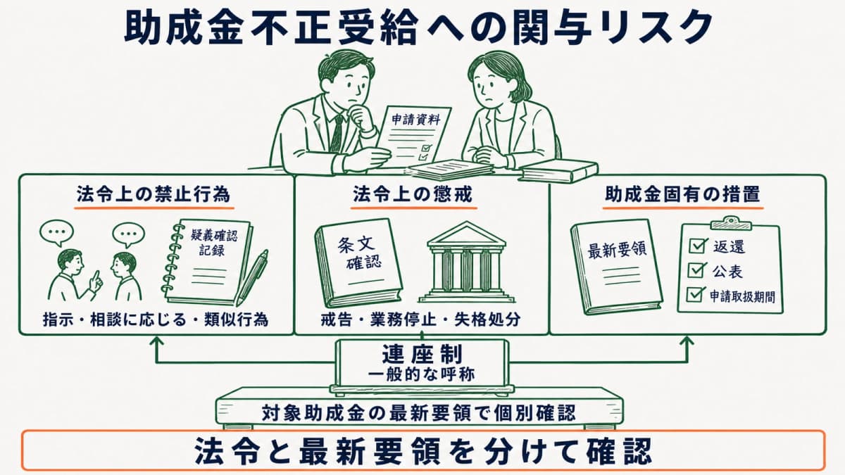 助成金不正受給への関与リスクを社労士法と助成金固有措置に分ける図