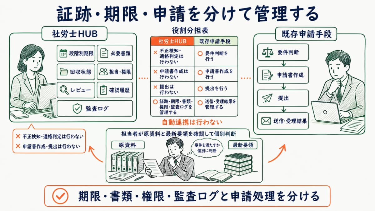 助成金案件の期限・書類・権限・監査ログと既存申請手段の役割分担図