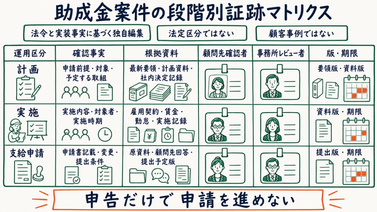 計画・実施・支給申請に確認事実・原資料・確認者・版・期限を対応づける表