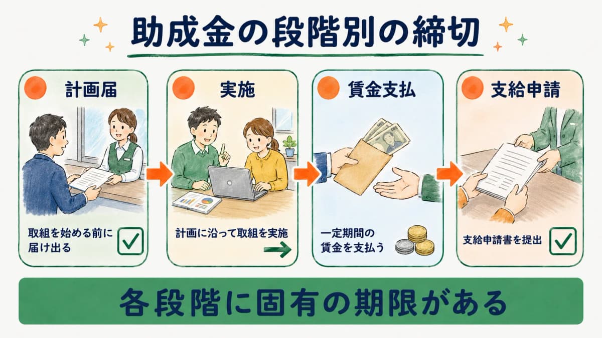 助成金の段階別締切フロー(計画届→実施→賃金支払→支給申請)